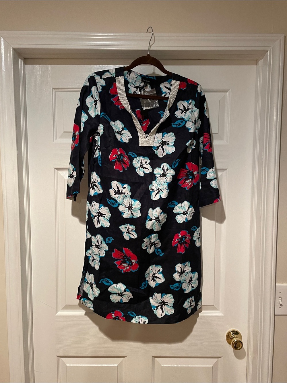 Talbots Navy Blue Floral V-Neck Tunic Dress with Red & White Blooms